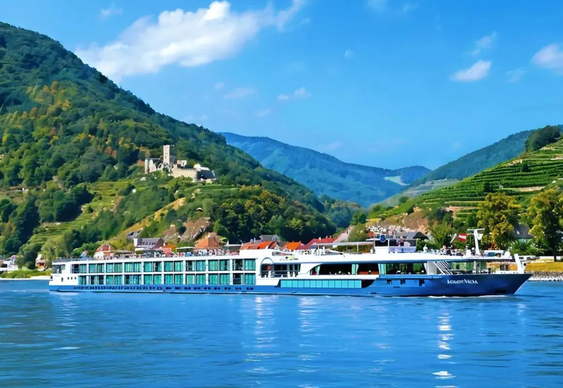 An inspiring cover of an Avalon Suite Ship with dramatic mountains, showcasing 2026 active and discovery river cruise packages.