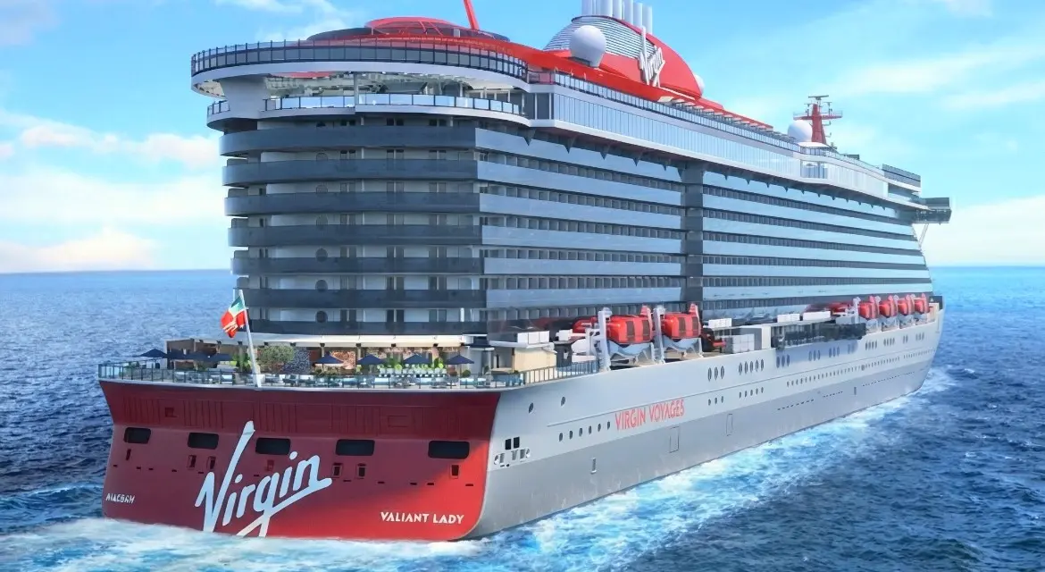 Virgin Voyages cruise ship sailing at sea Virgin Voyages cruise ship sailing at sea
