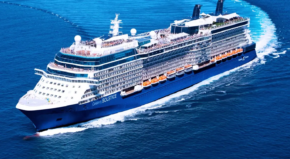 Celebrity Cruises 2026 brand collection: Edge-class luxury ship at sea featuring the iconic Magic Carpet and modern architecture. Experience 2026 with Celebrity. Explore sophisticated design and innovative sea-facing spaces on our Edge-series vessels.