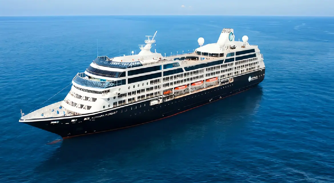 Azamara 2026 cruise line overview: boutique small ship on the open sea under bright noon sunlight, representing destination immersion. Experience Azamara in 2026. Enjoy deeper travel with longer stays, overnights, and immersive late-night port adventures.