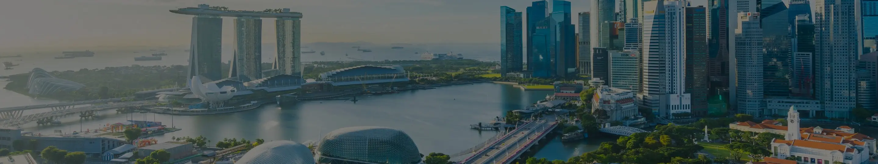High-angle shot from MBS SkyPark showing the vibrant city, Singapore River, and Clarke Quay's historic shophouses.
