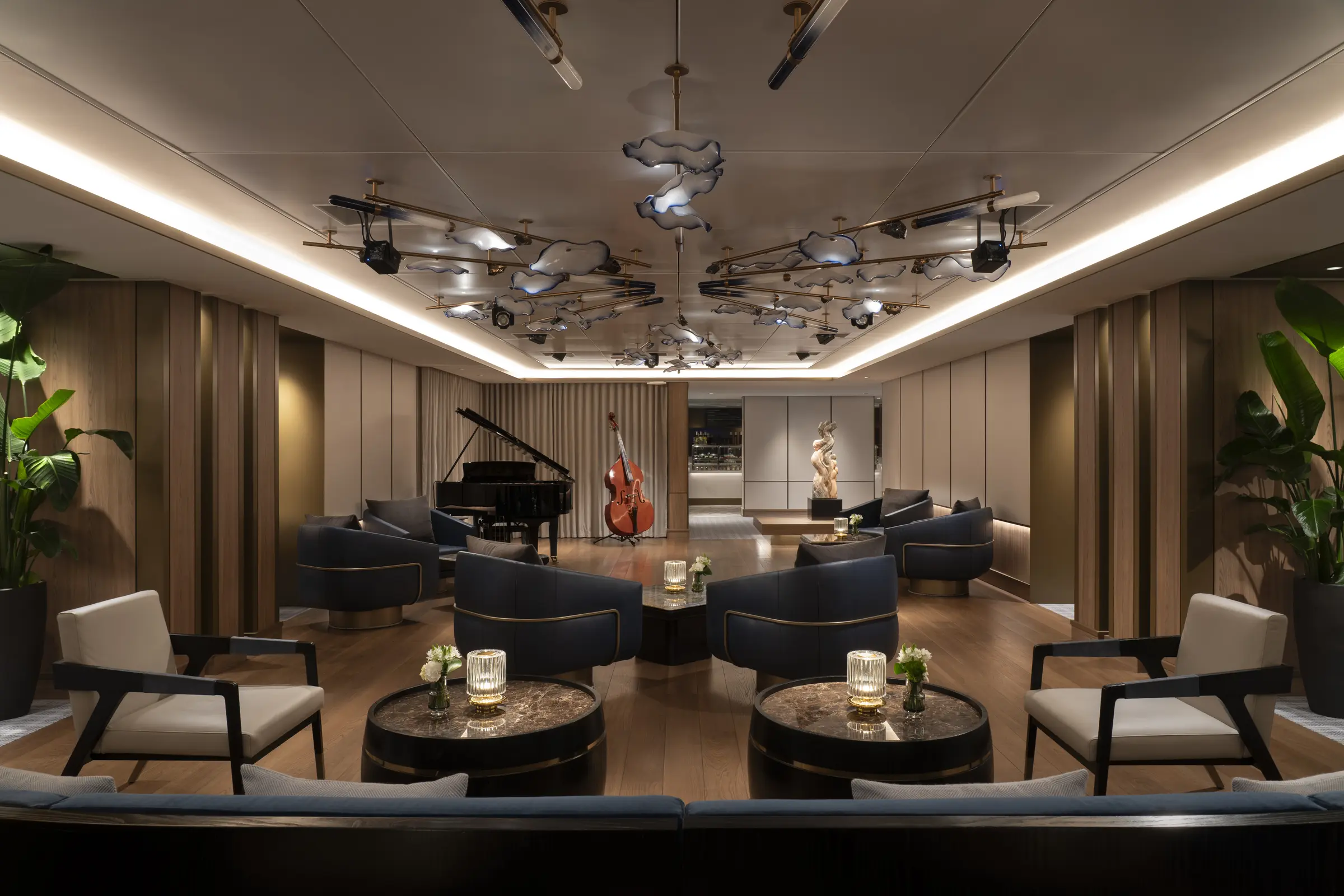 Enjoy sophisticated live music in the Living Room, featuring intimate performances and refined entertainment in an exclusive yacht setting.