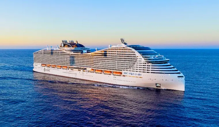 A vibrant cover of an MSC ship near a tropical island, showcasing 2026 sailings with drinks and Wi-Fi bundles.