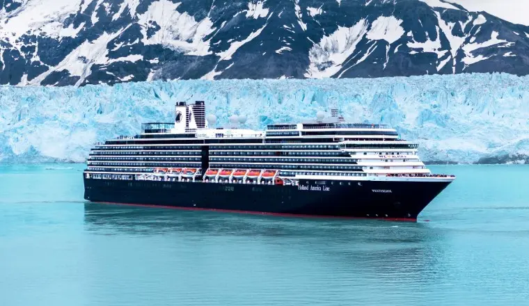 A classic cover of a Holland America ship, representing 2026 Alaska and Europe cruises with culinary and music themes.