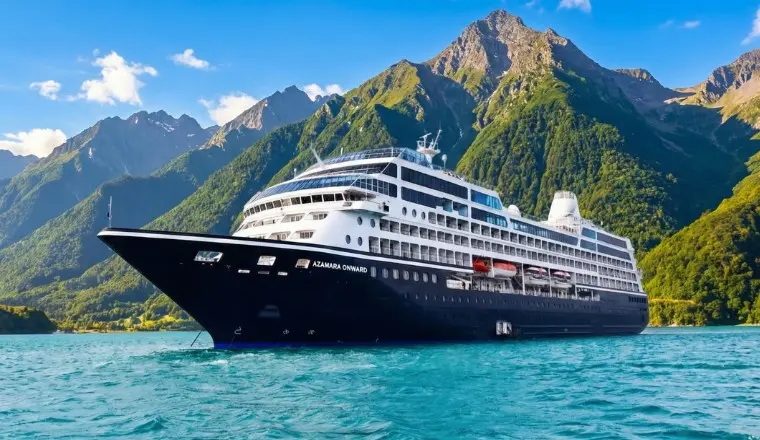 A bright, vibrant cover of an Azamara ship under the midday sun, highlighting 2026 luxury cruise deals and late-night port stays.