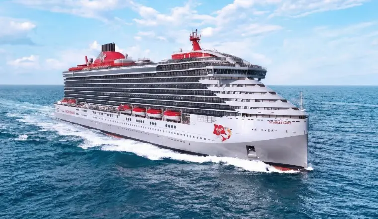 A dynamic cover of a Virgin Voyages ship at sea, highlighting 2026 all-inclusive value with Wi-Fi, fitness classes, and gratuities.