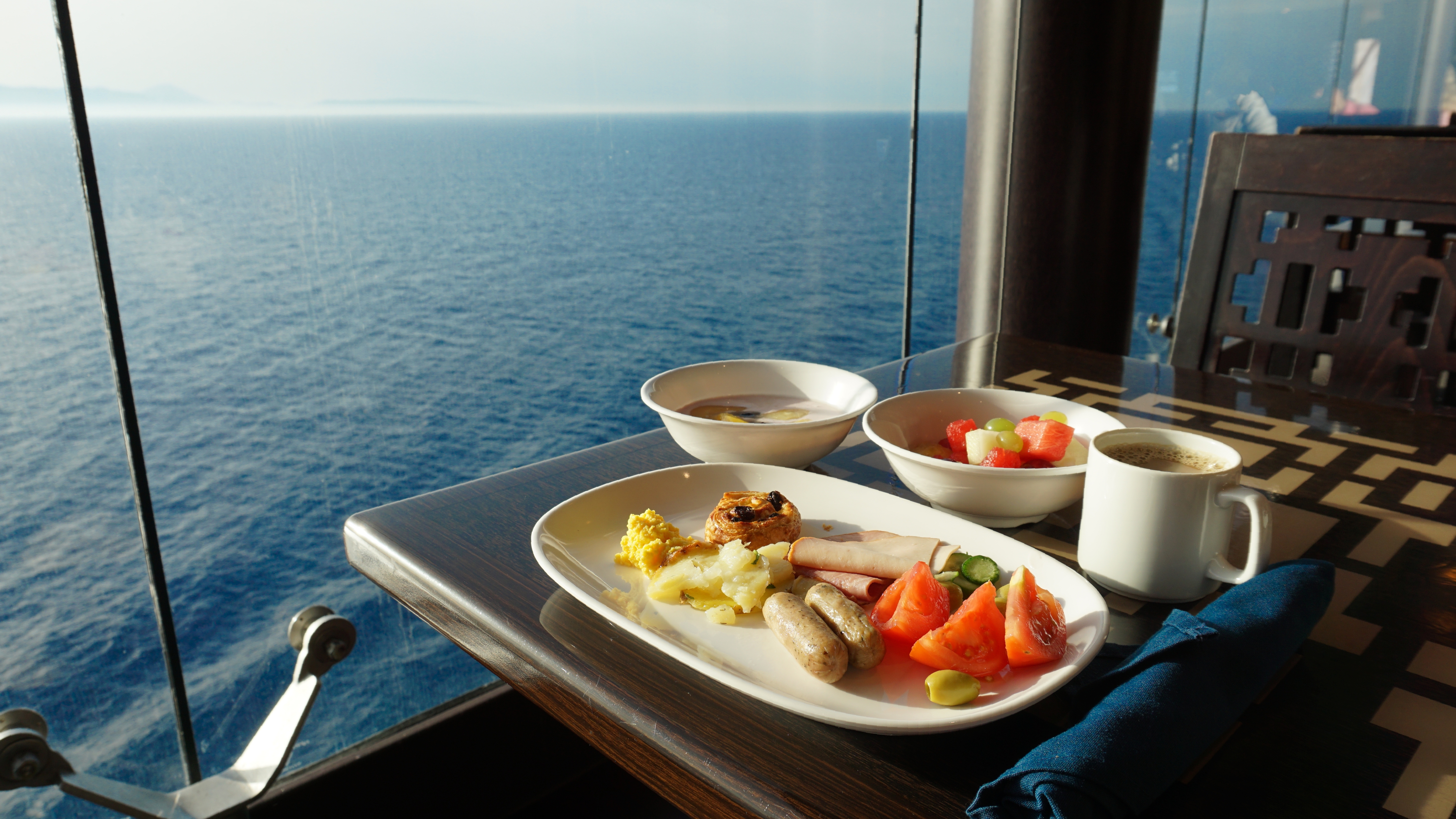 Enjoy a full set brunch in the elegant dining room on the cruise ship.