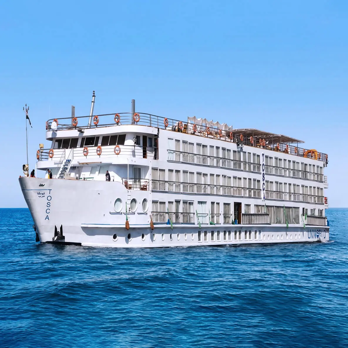 The River Tosca perfectly captures the warmth and style of Egypt, taking guests on a culturally enriching adventure down the Nile in absolute luxury. This all-suite ship is elegantly designed with wood finishes and cozy public spaces. From the sprawling Sun Deck with shaded cabanas and a swimming pool, to the stylish lounge decorated with local wares, every space is inspired by the region in which it sails. Comfortable suites are fitted with the finest locally made products—like Egyptian cotton linens, for example. With a maximum capacity of 82 guests and a staff to guest ratio of almost 1:1, a cruise on the River Tosca is about as intimate and indulgent as it gets.
