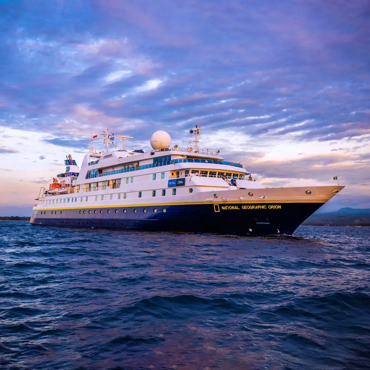 Featuring 53 cabins, the gracious and intimate National Geographic Orion takes travelers to little-known waters and isles in New Zealand, Australia, French Polynesia, the Pacific Islands, Asia, and the Mediterranean to experience each location's natural and cultural wonders up close. National Geographic Orion's elevated maneuverability allows for navigation of inshore waters, secluded bays, and sinuous rivers&ndash;practically anywhere accessible by sea.