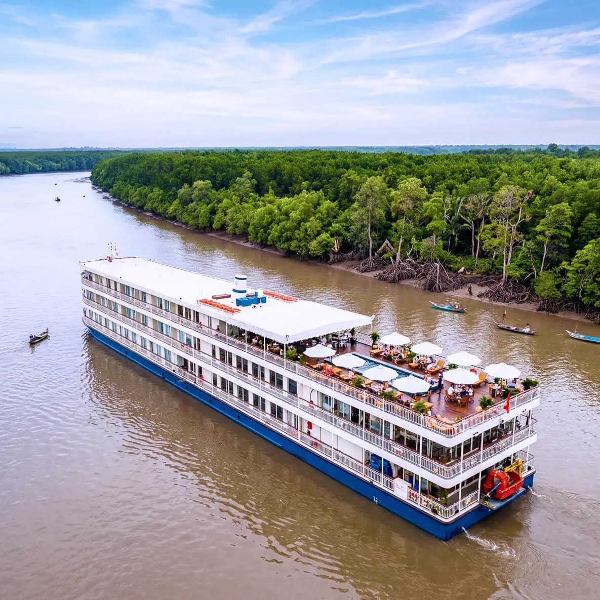 The Mekong Jewel is the newest and most luxurious ship on the Mekong river. This all-suite Super Ship includes two dining venues: one main restaurant and an al fresco eatery on the upper deck. The Mekong Jewel replaces the Mekong Navigator and was constructed with sustainable, eco-friendly materials, and features a swimming pool, spa, sauna and steam room, gym, hair salon, nail bar, two lounges and a library.