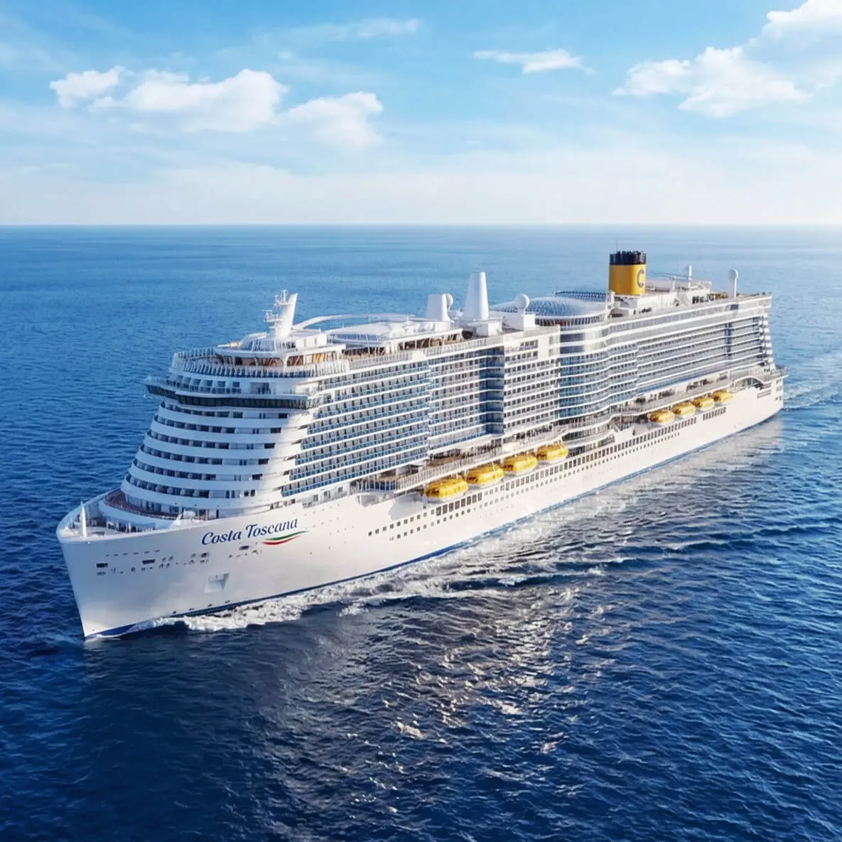 A cruise on Costa Toscana, the new flagship, will be unforgettable. Shows and entertainment featuring international artists await you, as well as swimming pools with slides and water games for all ages, a state-of-the-art spa and gym, and much more. Costa Toscana is also synonymous with excellent cuisine with the widest variety of Italian and international restaurants in the fleet. And that’s not all – Costa Toscana keeps the environment in mind, with new LNG propulsion engines making for increasingly sustainable travel.