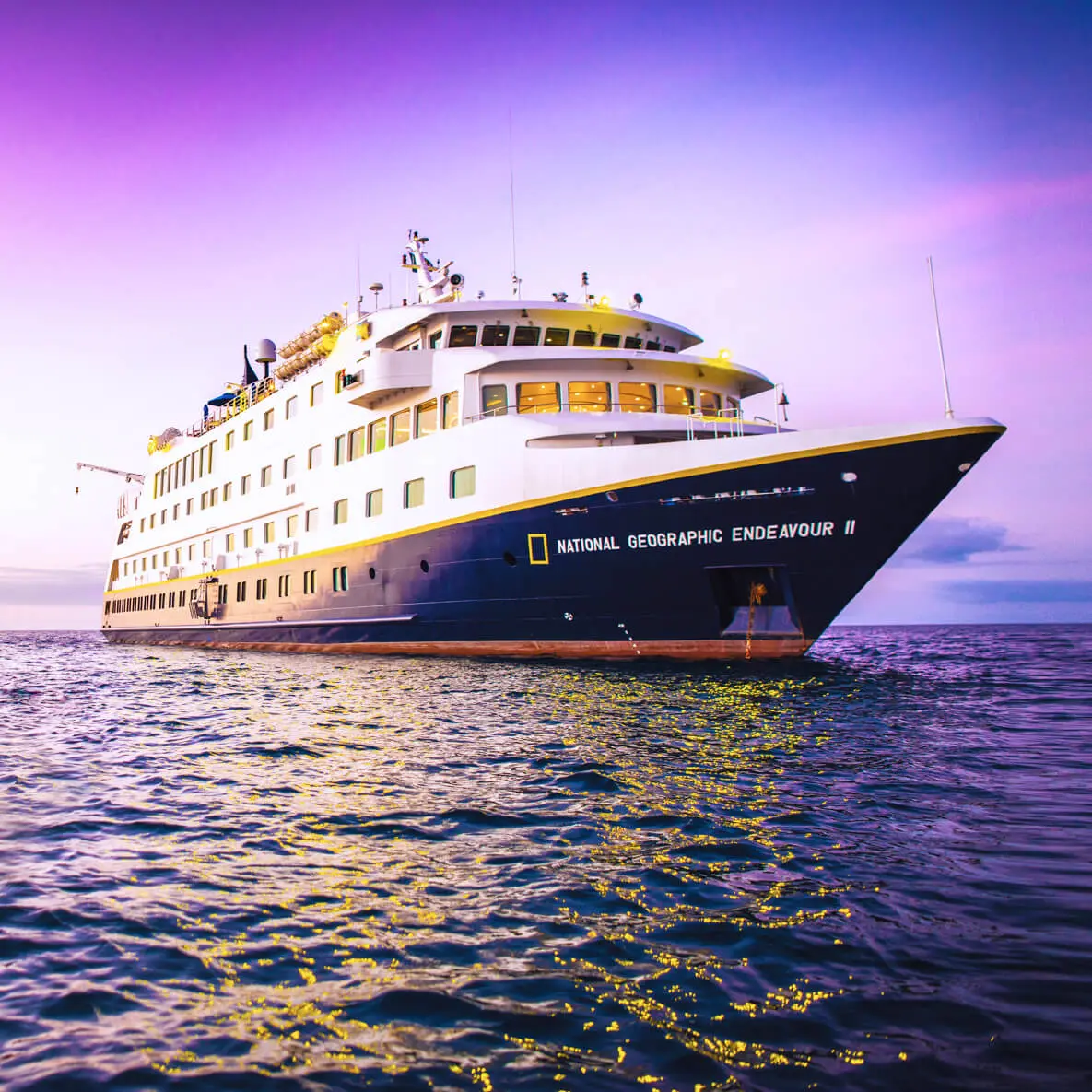 Born in the cold waters of Patagonia, National Geographic Endeavour II was built for heavy seas. Now, permanently stationed in Gal&aacute;pagos, she comfortably sails the Equator.