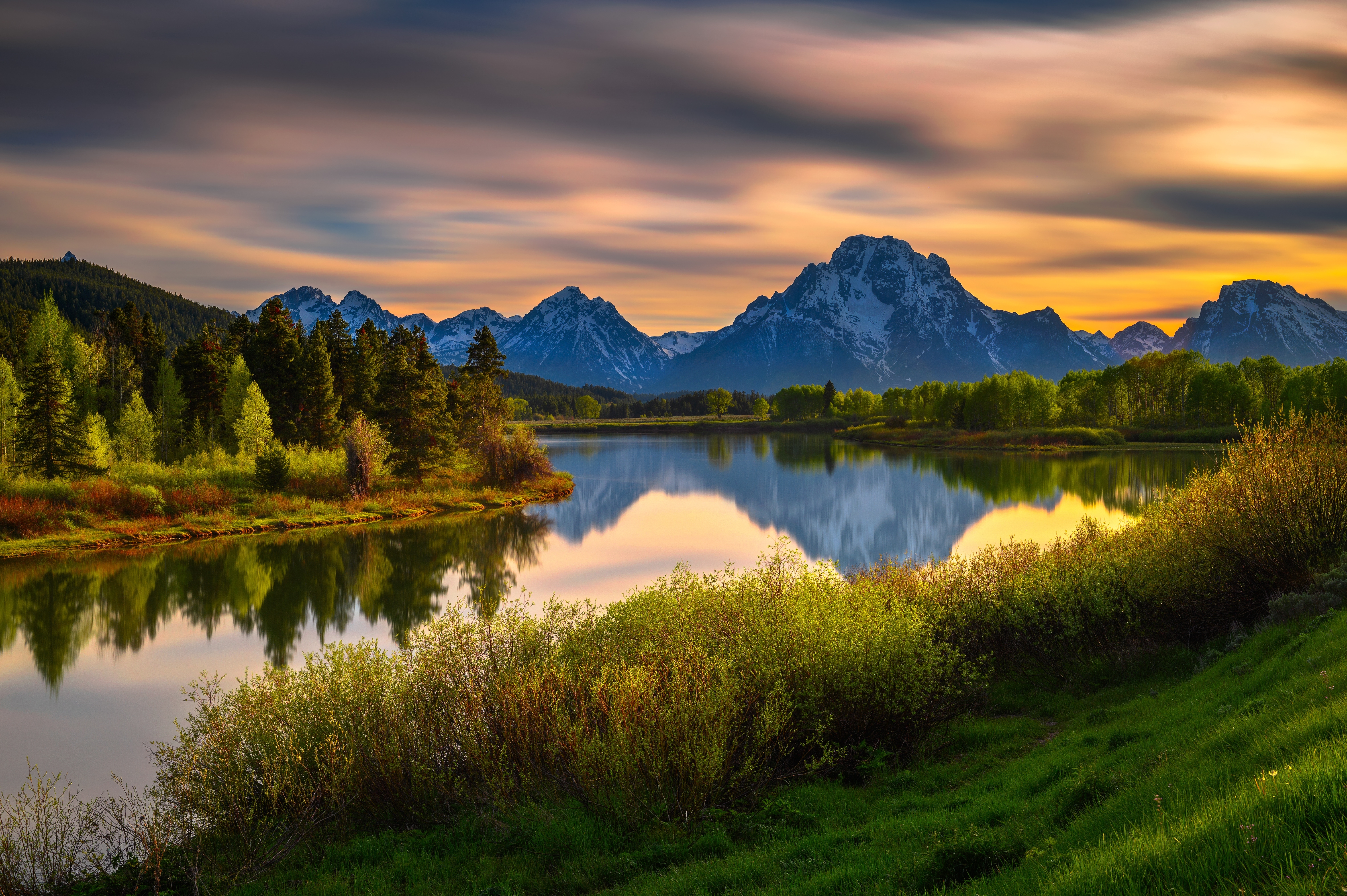 Colorful sunset over Oxbow Bend of the Snake River.