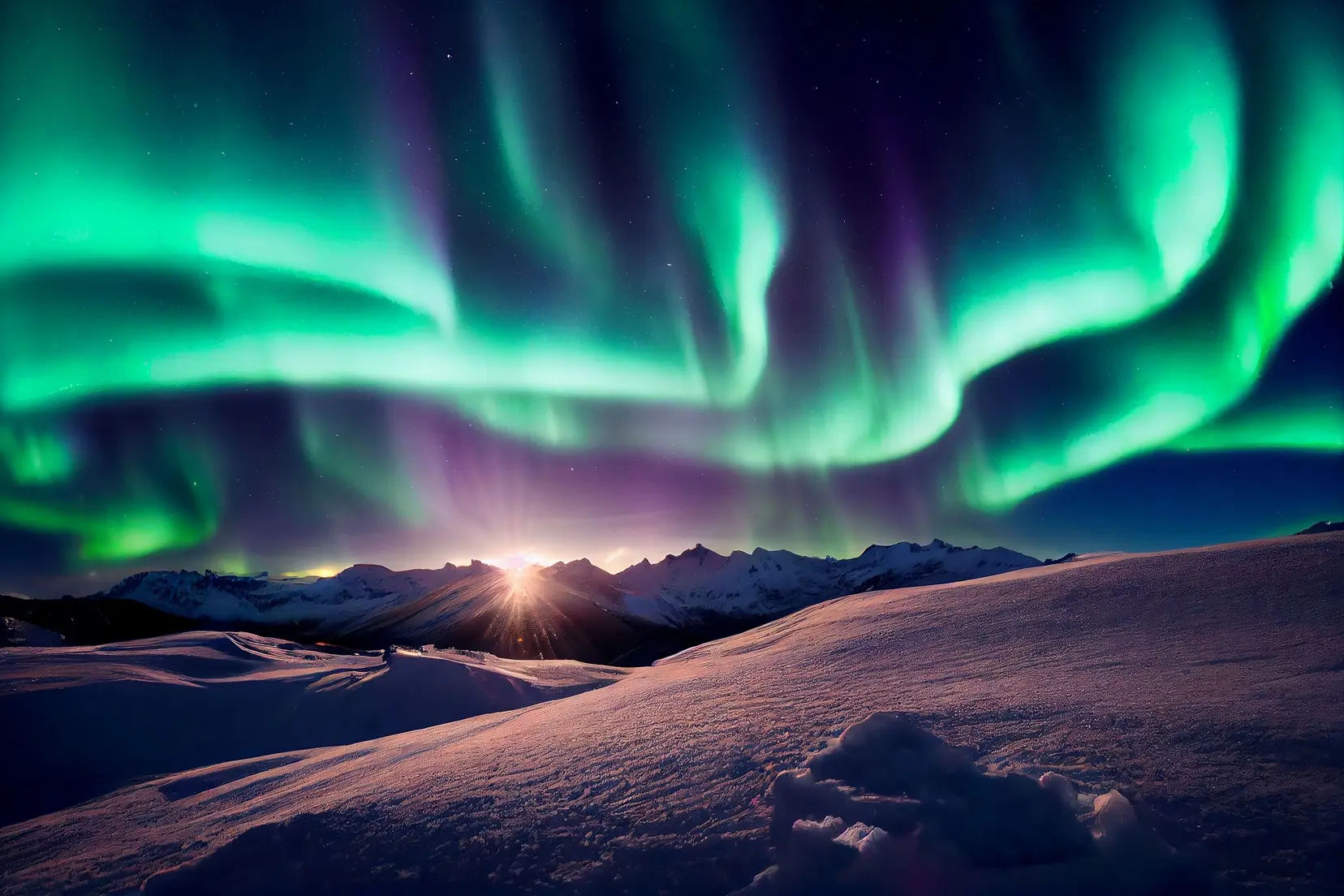 La aurora boreal brilla sobre campos nevados y montañas bajo un cielo nocturno.