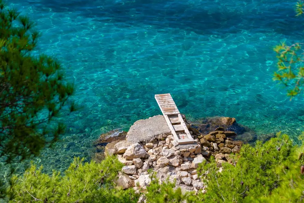 Overlooking the clear, calm sea through the pine branches on a Croatian beach. Overlooking the clear, calm sea through the pine branches on a Croatian beach.