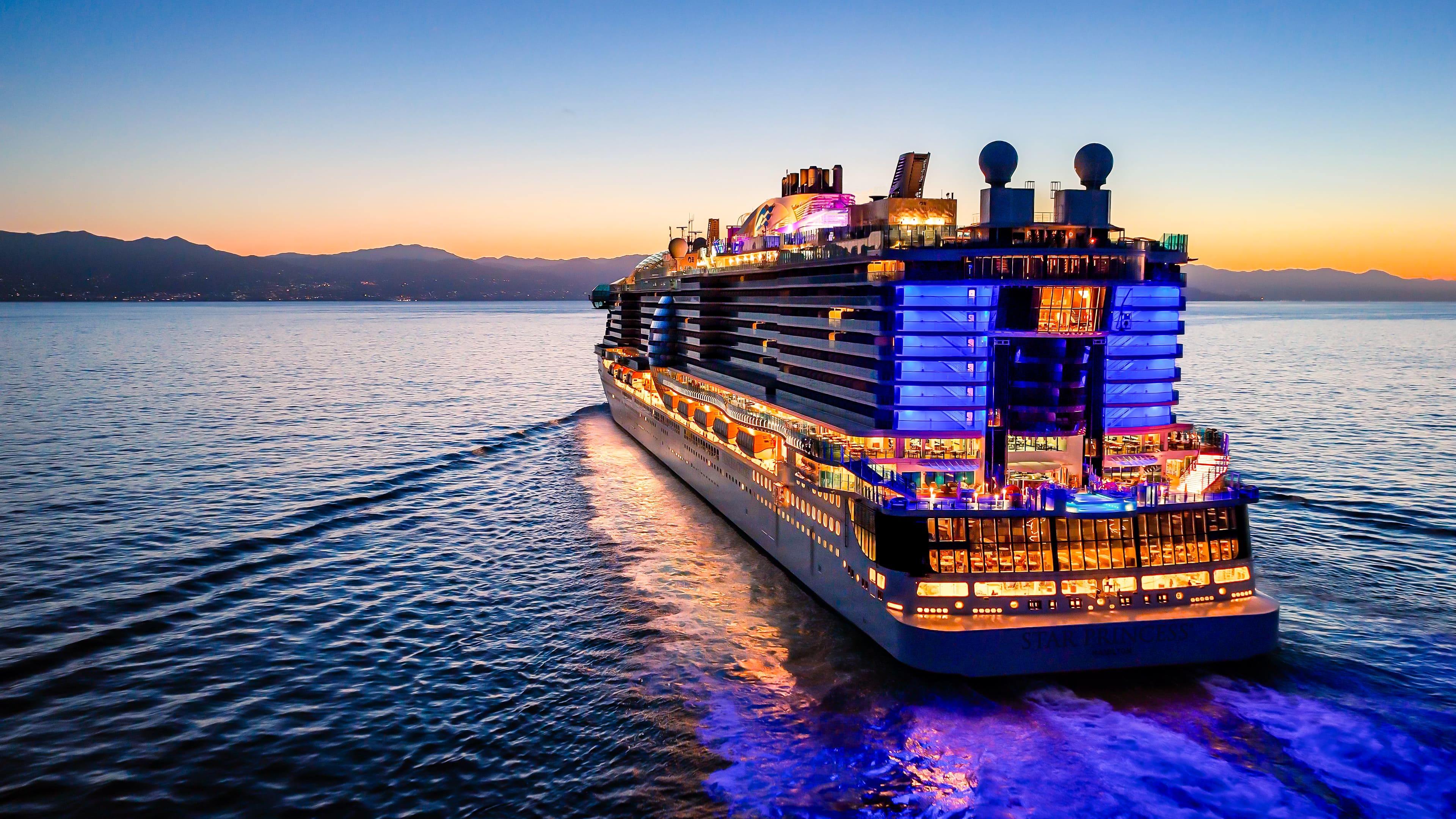Princess Cruise ship sailing on the ocean toward a sunset