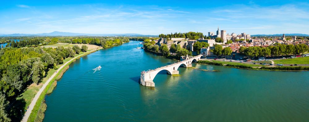 Pont Saint Benezet bridge and Rhone river aerial panoramic view in Avignon. 