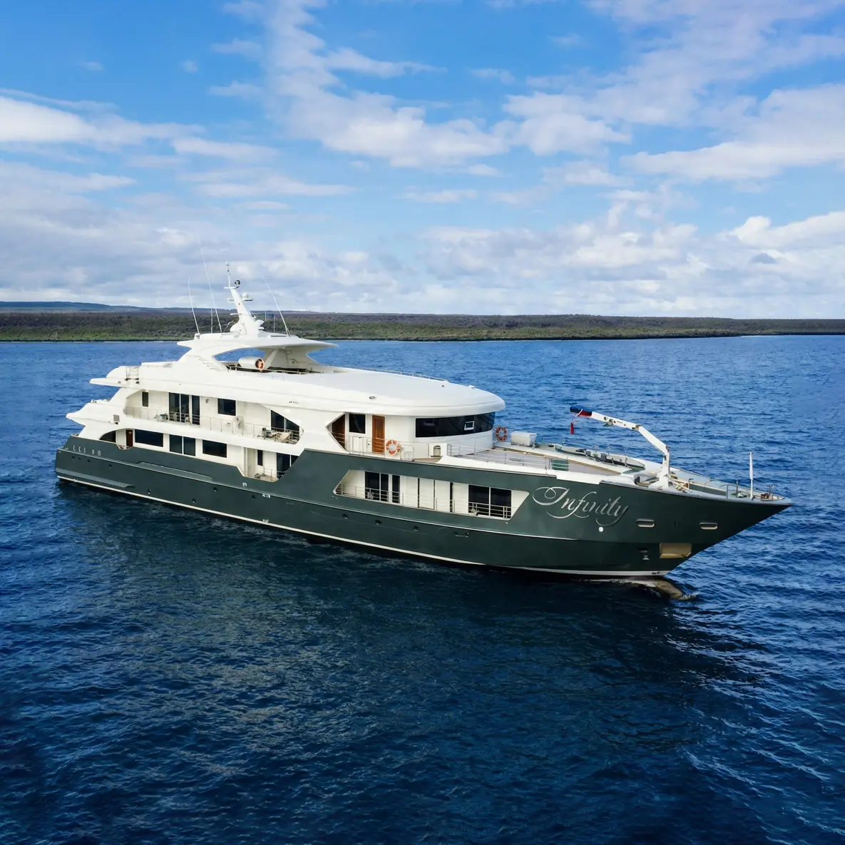Be pampered in luxury while cruising the wilds of the Gal&aacute;pagos Islands on board the MS Infinity! Board your luxury small-ship, catering to just 20 guests in 10 modern cabins with stylish and elegant living spaces. Each of the 8 staterooms and 2 suites feature a private balcony, air-conditioning, en-suite bathroom, and ample storage space. The spacious main deck features lounge, dining, and bar areas with panoramic windows offering stunning views of the islands and ocean panoramas. Stretch out on the top deck for the perfect place to relax and lounge in-between island excursions.