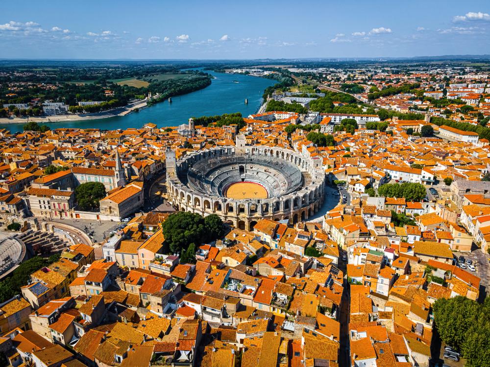 The aerail view of Arles, a city on the Rhône River