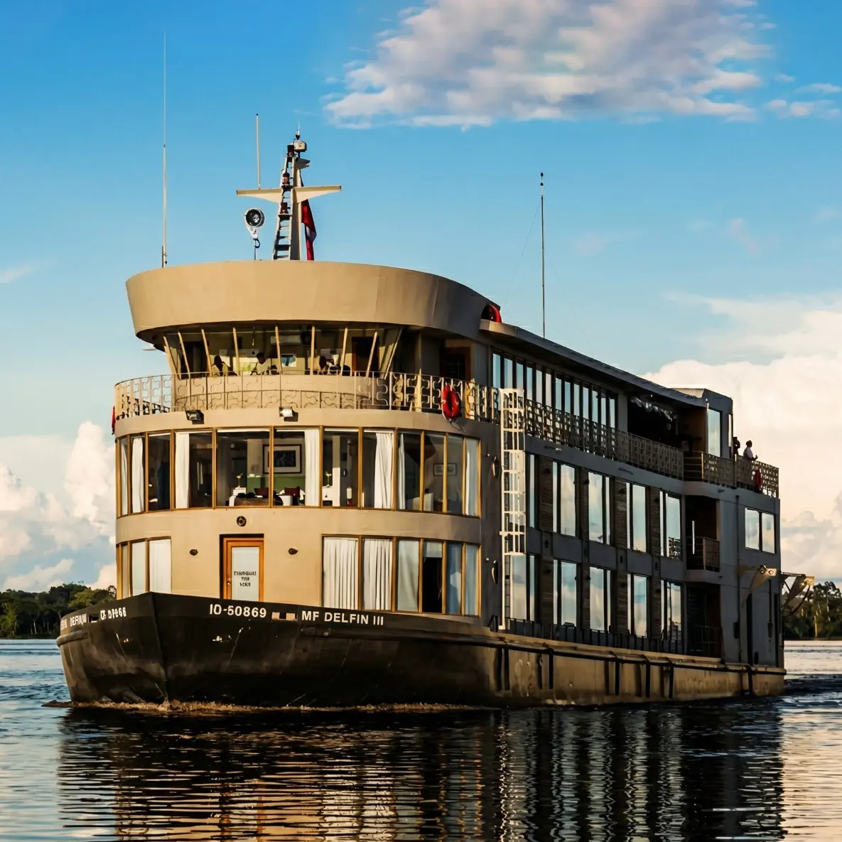 The Delfin III is one of the newest luxury vessels cruising Peru's Amazon. On board this 22 all-suite ship, the rainforest is never far away, yet 5-star comforts and conveniences abound on board. Explore one of the wildest and bio-diverse places on earth while enjoying luxury aboard this intimate yet spacious vessel. Spend time relaxing on the open-air sun deck, take a dip in the refreshing plunge pool, or take a cooking class in the indoor lounge. Taste a Pisco sour at the ship's bar or pamper yourself with a spa treatment of Amazon elixirs. It truly is luxury at its finest.