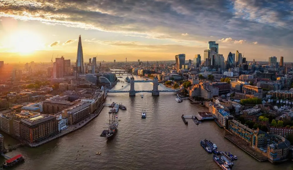 An aerial view of the River Thames and Tower Bridge, London.