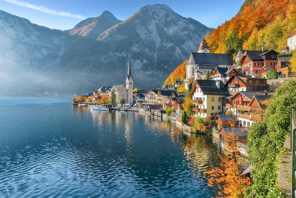 Stunning view of famous Hallstatt mountain village