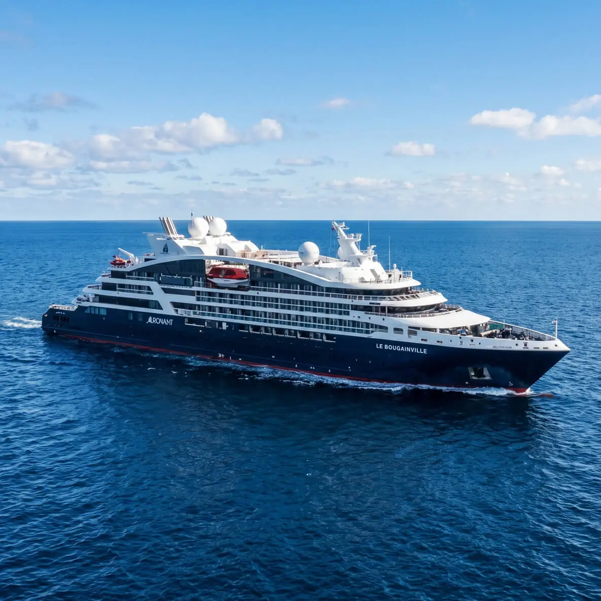 Welcoming and spacious common areas, refined open-to-the-sea design, sleek exterior lines, a marina to make access to the ship's Zodiac® inflatables easier, hi-tech equipment, an outdoor pool, a multisensorial underwater lounge. Le Bougainville represents the new generation of ships designed to combine discovery and exploration with luxury, even in the planet's most remote and isolated regions. 